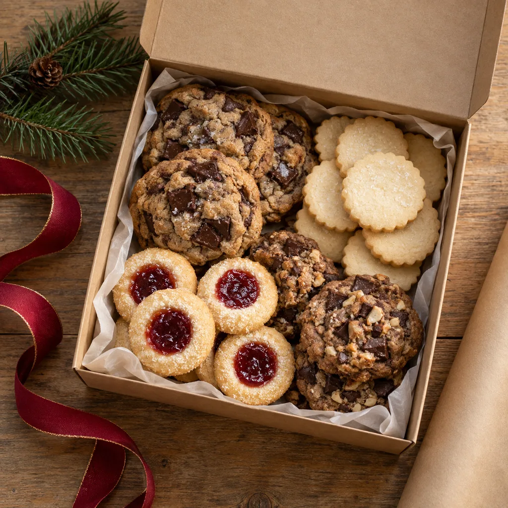 Representative photo-style image of specialty cookie gift box — generated, not a specific product