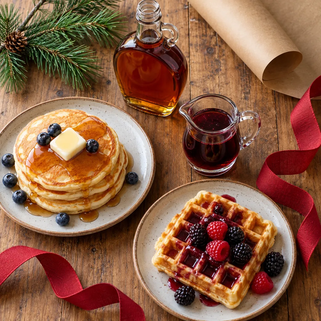 Representative photo-style image of specialty pancake and waffle syrups — generated, not a specific product
