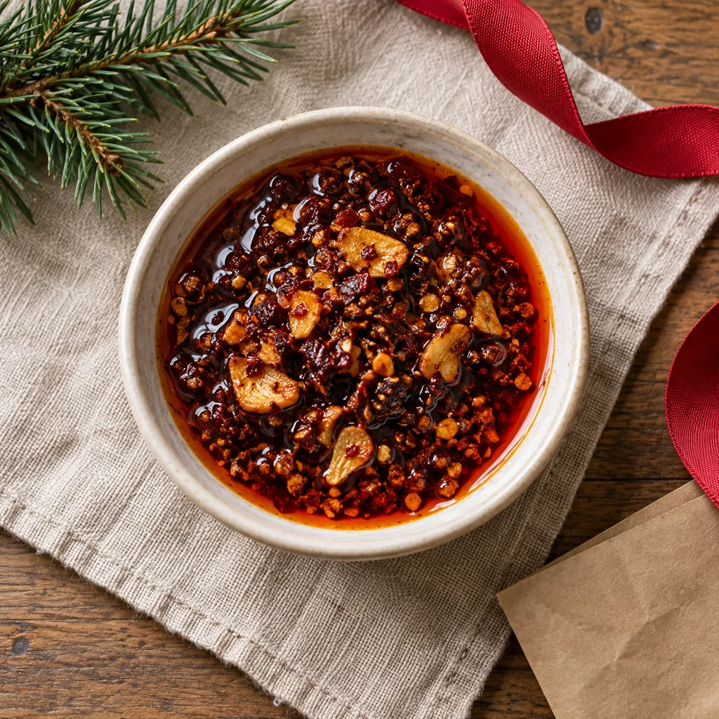 Representative photo-style image of spicy chili crisp oil — generated, not a specific product