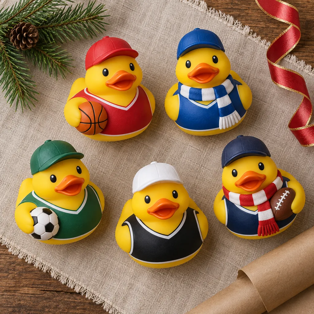 Representative photo-style image of sports fan rubber duck assortment — generated, not a specific product