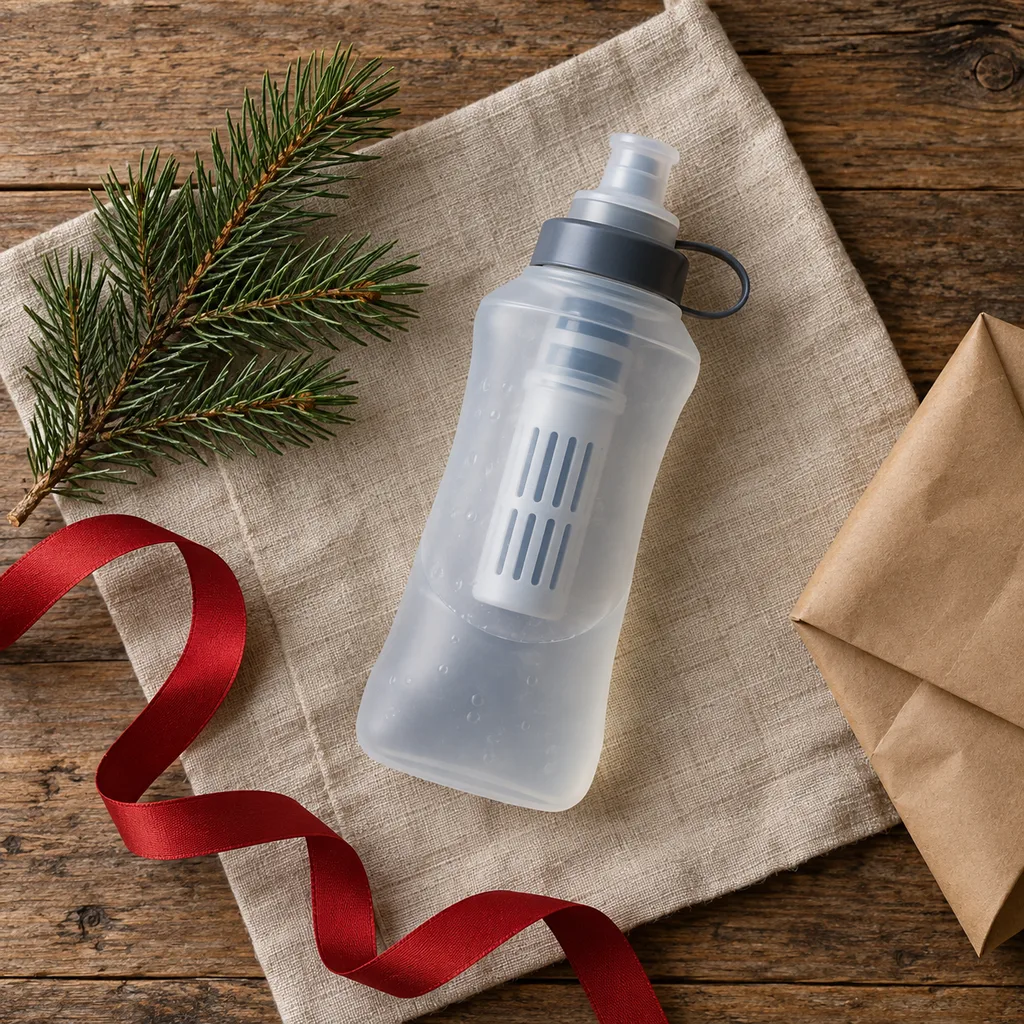Representative photo-style image of squeeze bottle water filter — generated, not a specific product