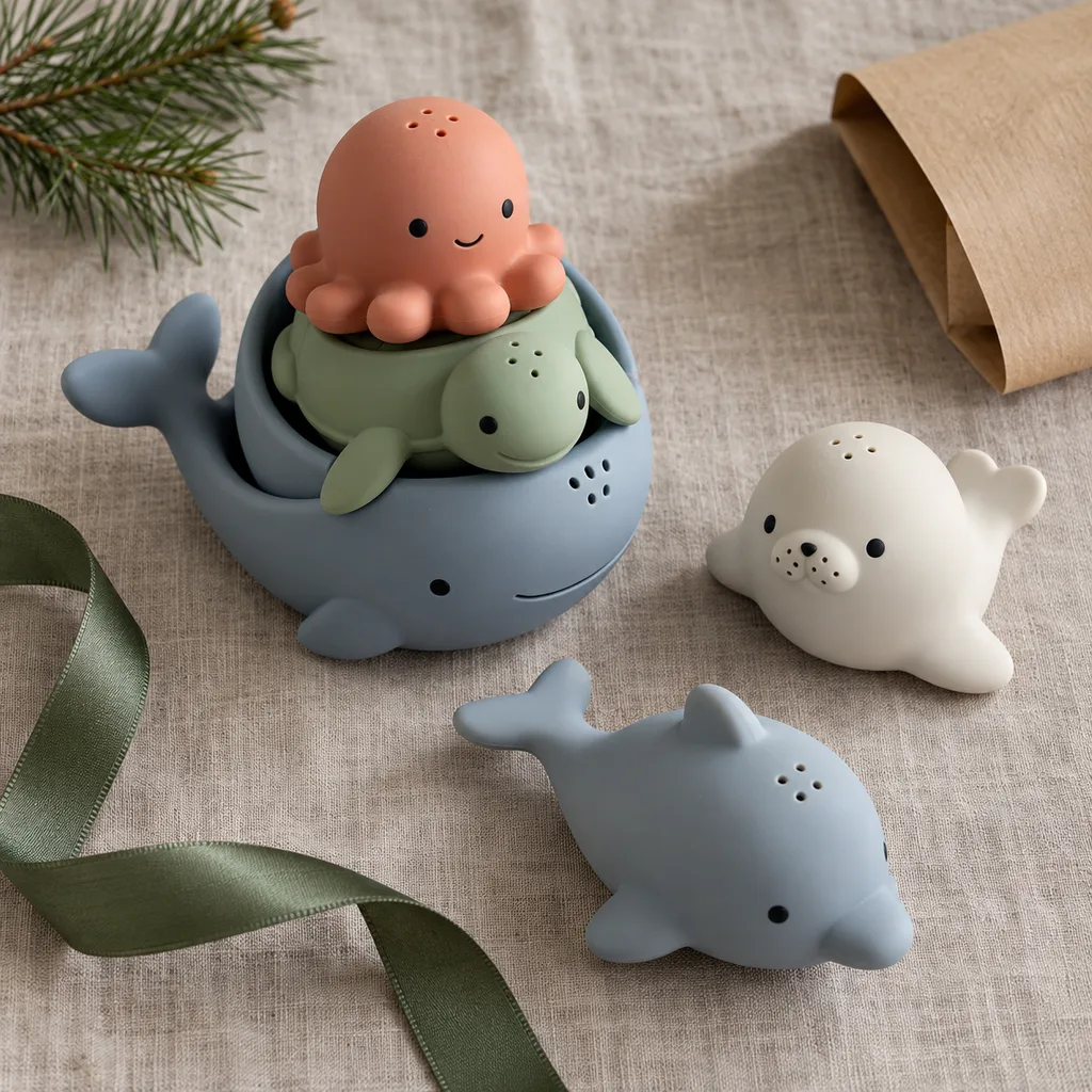 Representative photo-style image of stackable bath squirter toys — generated, not a specific product