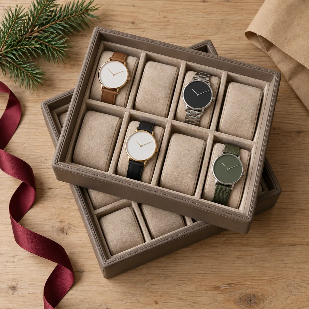 Representative photo-style image of stackable watch storage trays — generated, not a specific product