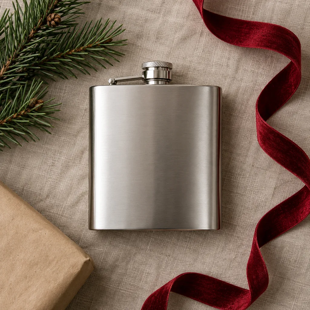 Representative photo-style image of stainless steel hip flask — generated, not a specific product