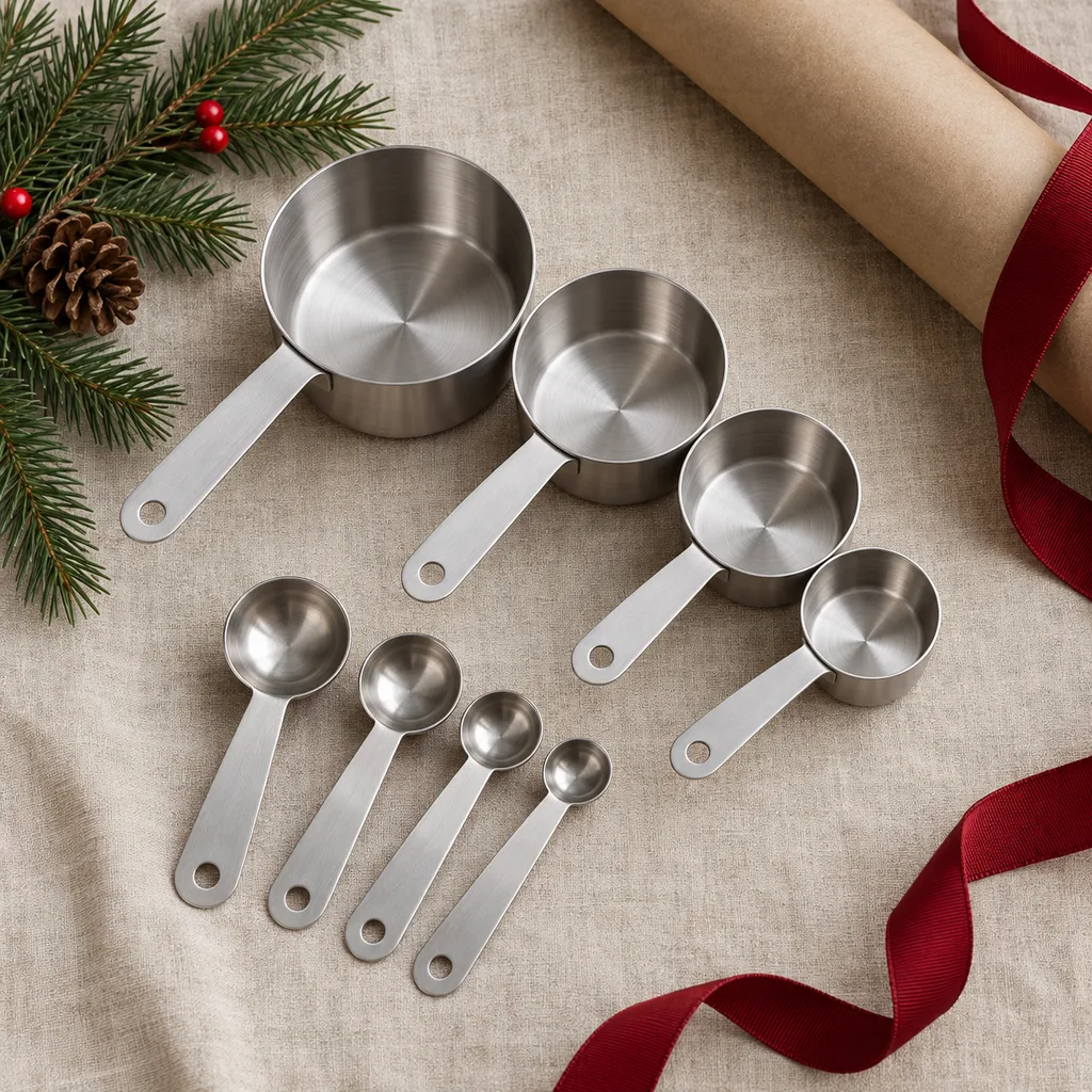 Representative photo-style image of stainless steel measuring cups and spoons set — generated, not a specific product