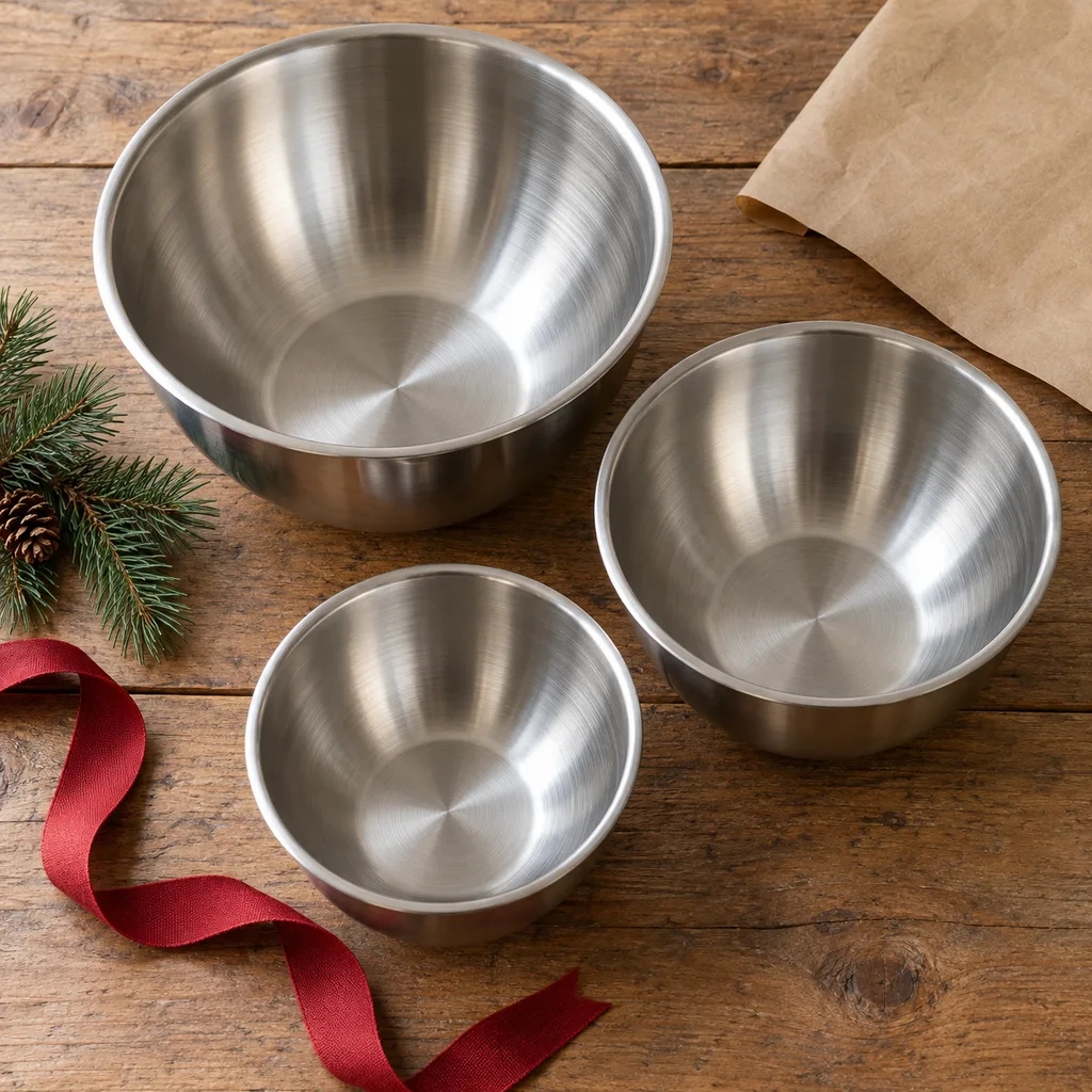 Representative photo-style image of stainless steel mixing bowl set — generated, not a specific product