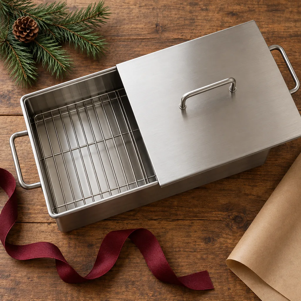 Representative photo-style image of stainless steel stovetop smoker — generated, not a specific product