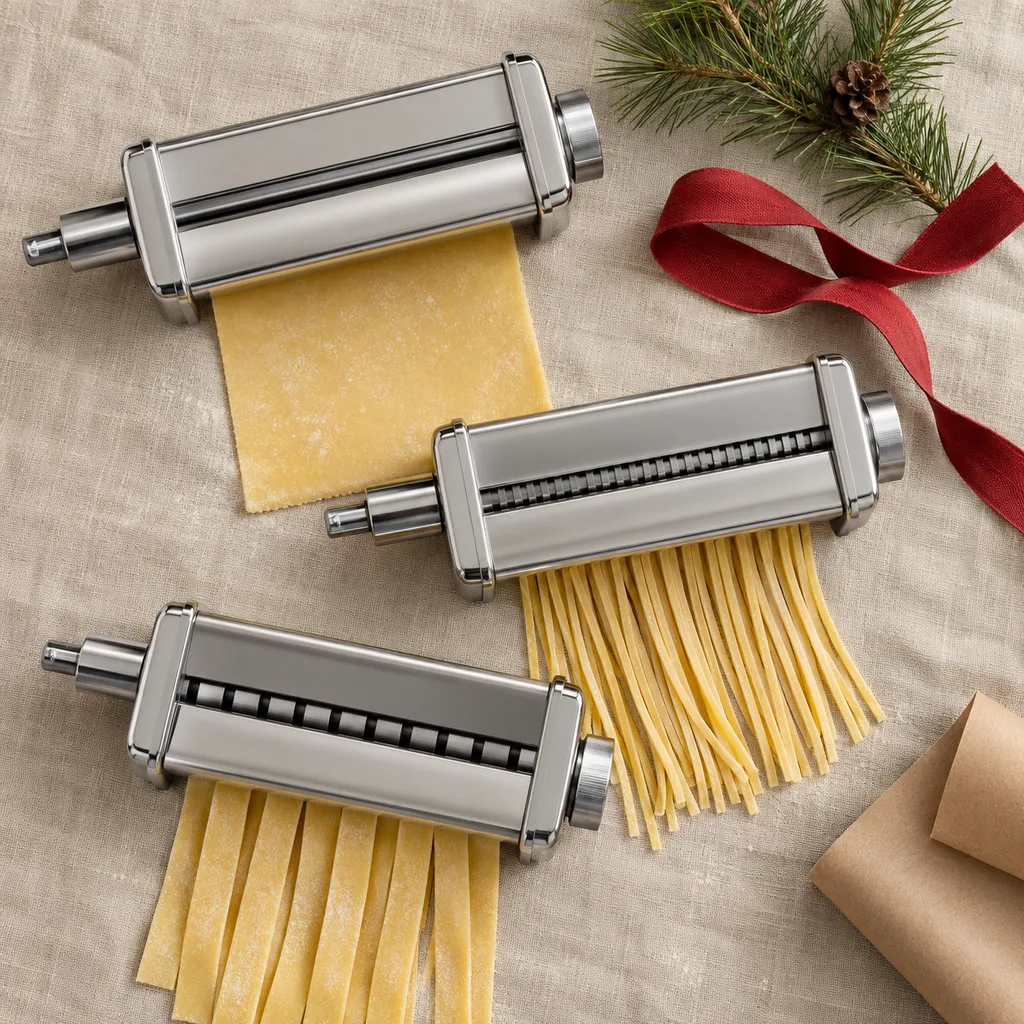 Representative photo-style image of stand mixer pasta roller and cutter set — generated, not a specific product