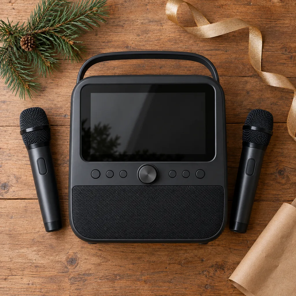 Representative photo-style image of karaoke machine with screen — generated, not a specific product