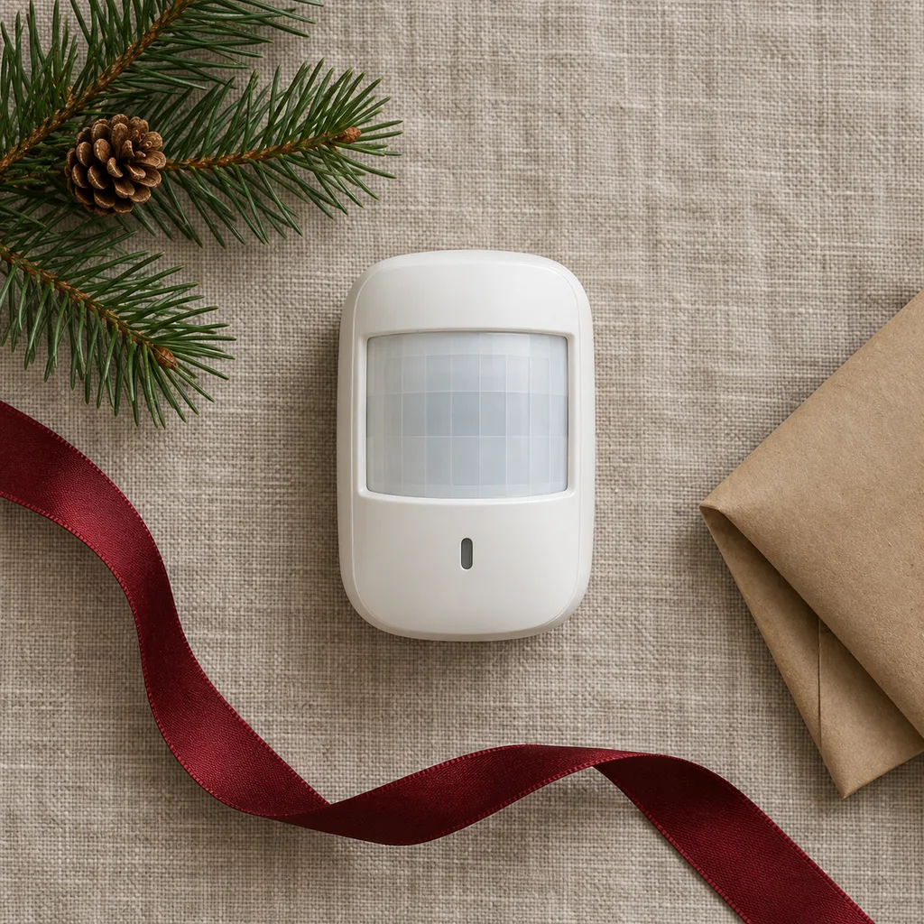 Representative photo-style image of standalone wireless motion detector — generated, not a specific product