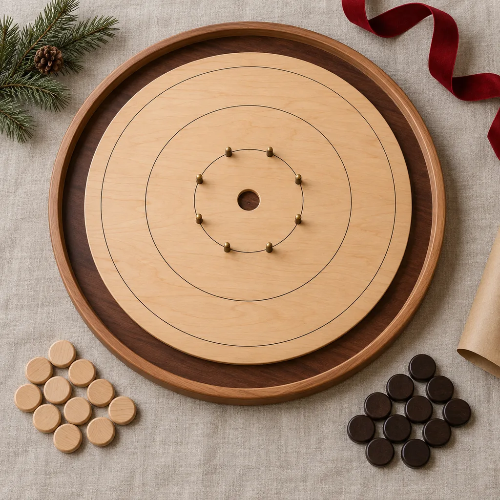 Representative photo-style image of starter crokinole board game kit — generated, not a specific product