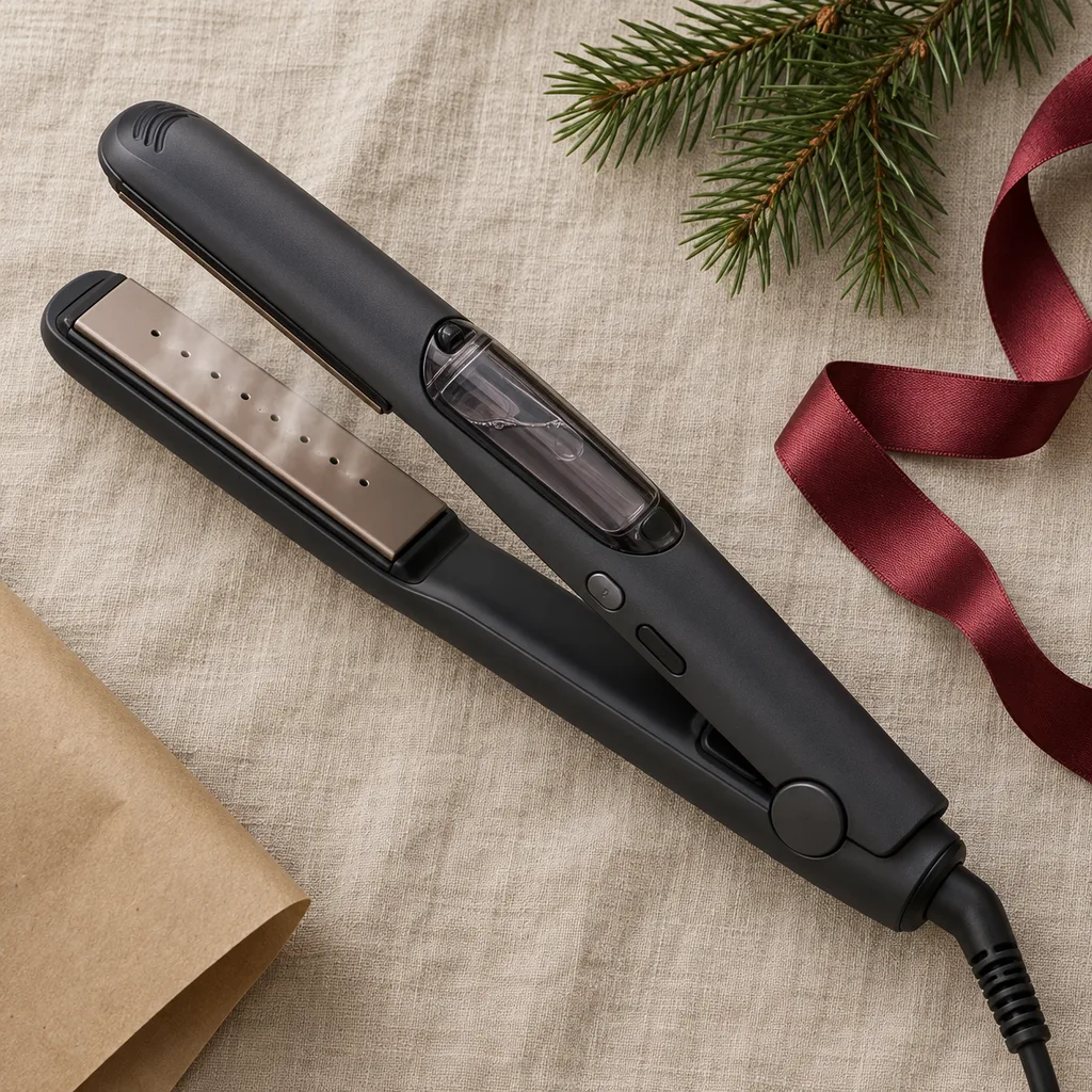 Representative photo-style image of steam infusion hair straightener — generated, not a specific product