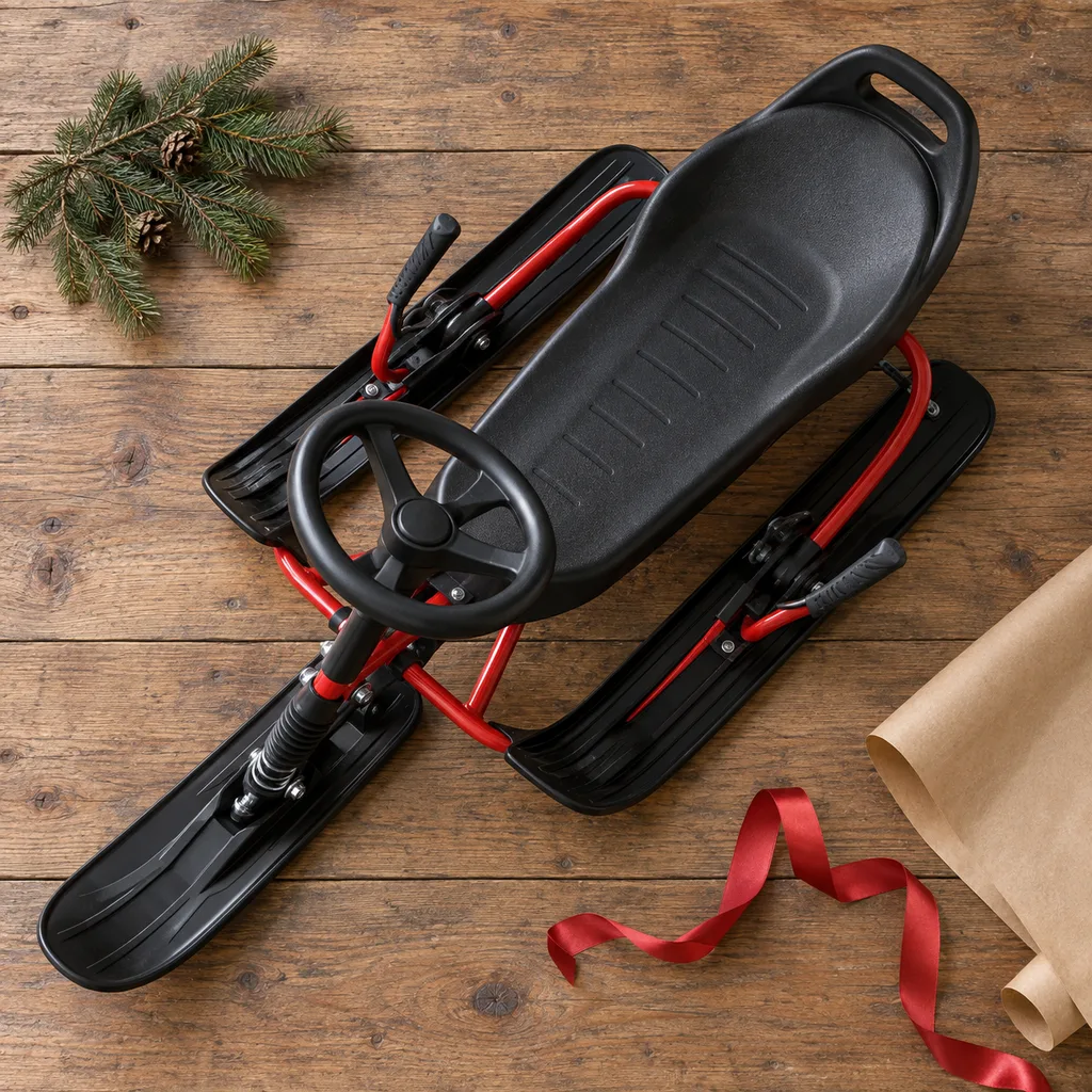 Representative photo-style image of steerable bobsled with brakes — generated, not a specific product