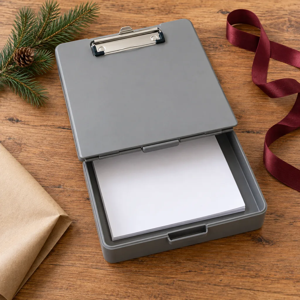 Representative photo-style image of clipboard with storage — generated, not a specific product