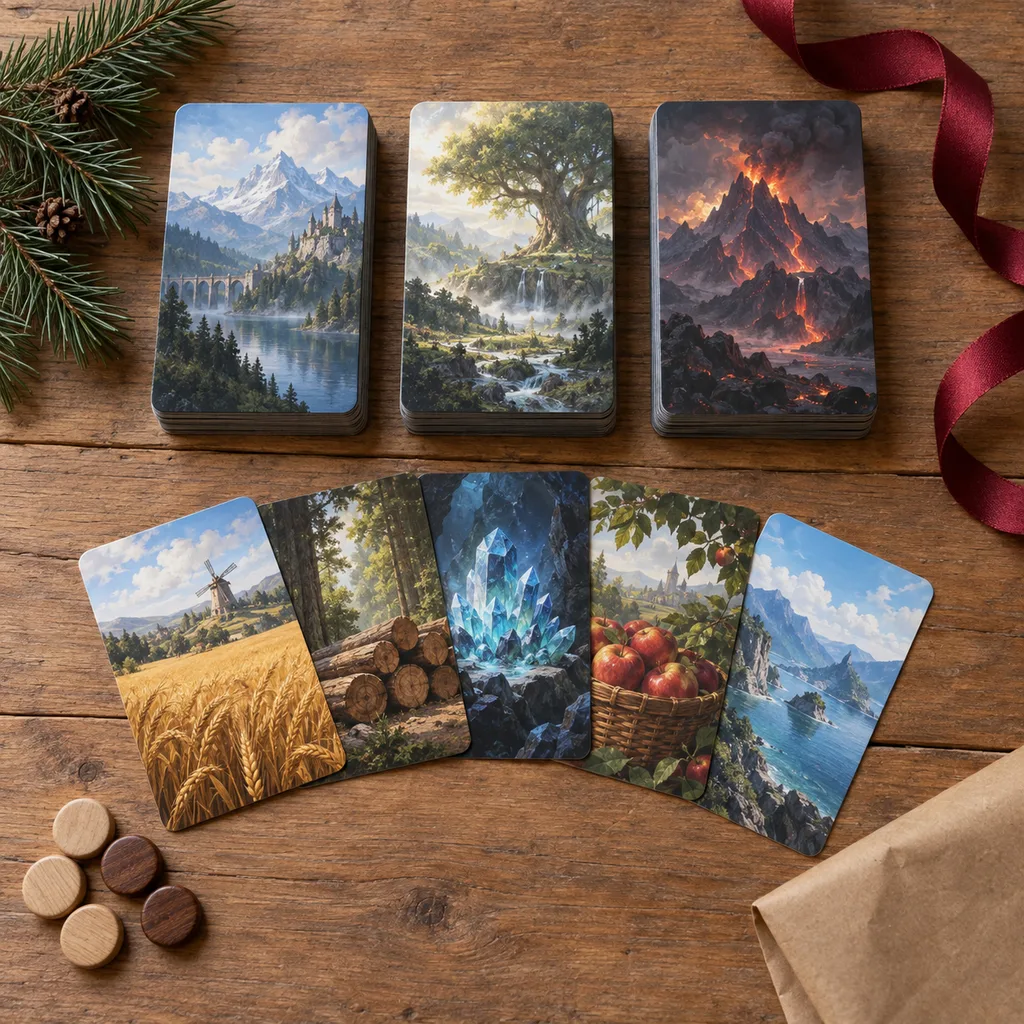 Representative photo-style image of strategic deck-building card game — generated, not a specific product