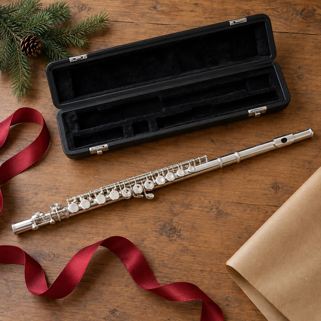 Representative photo-style image of student flute with case — generated, not a specific product