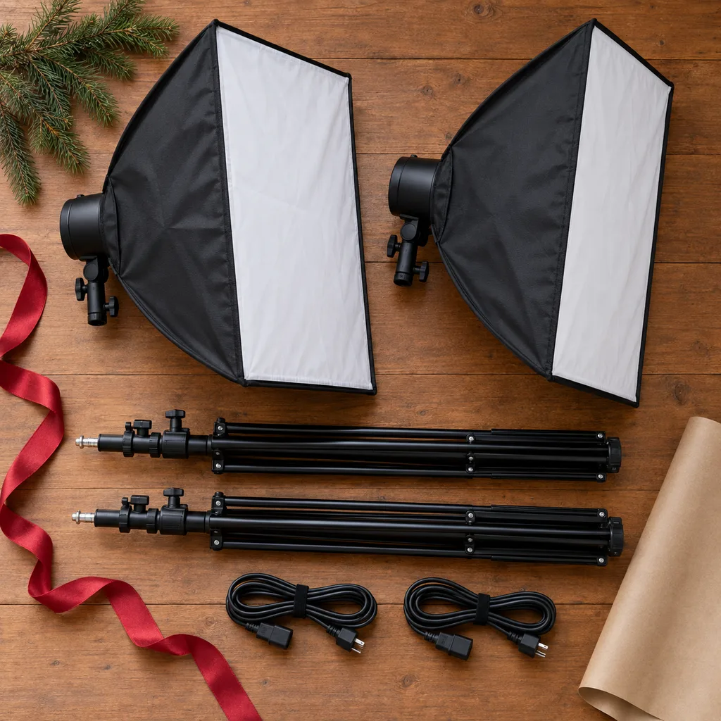 Representative photo-style image of studio softbox lighting kit — generated, not a specific product