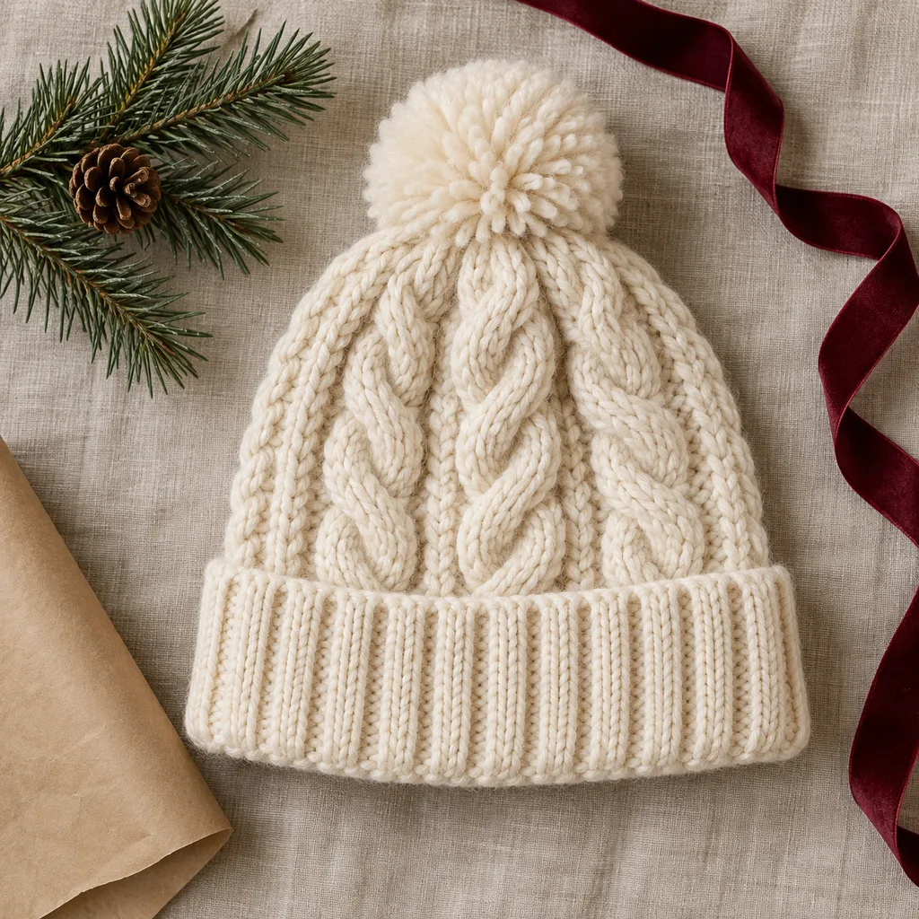 Representative photo-style image of stylish cable knit winter hat — generated, not a specific product