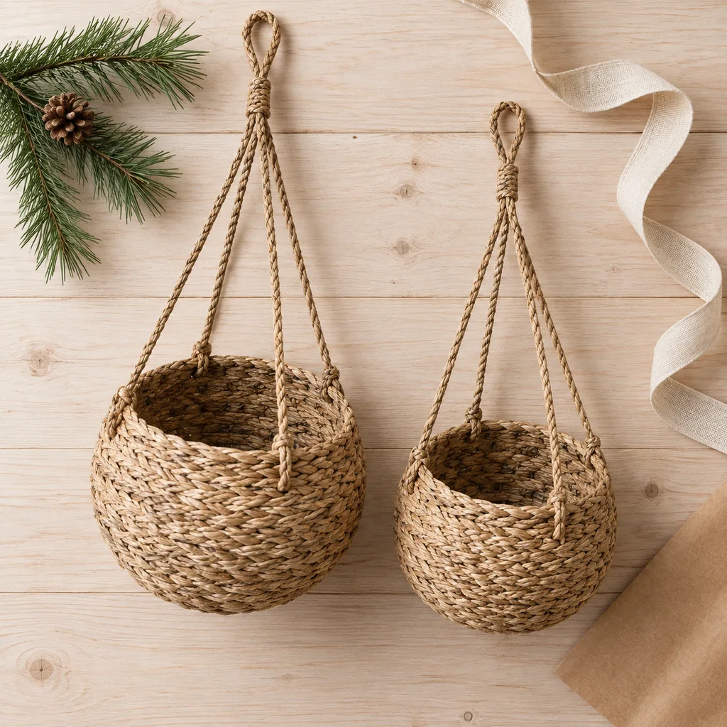 Representative photo-style image of hanging baskets for plants — generated, not a specific product