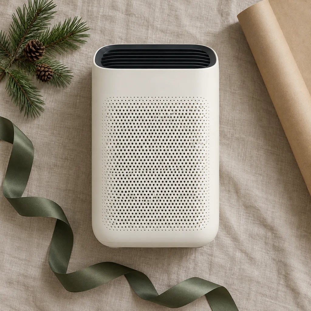 Representative photo-style image of stylish modern air purifier — generated, not a specific product