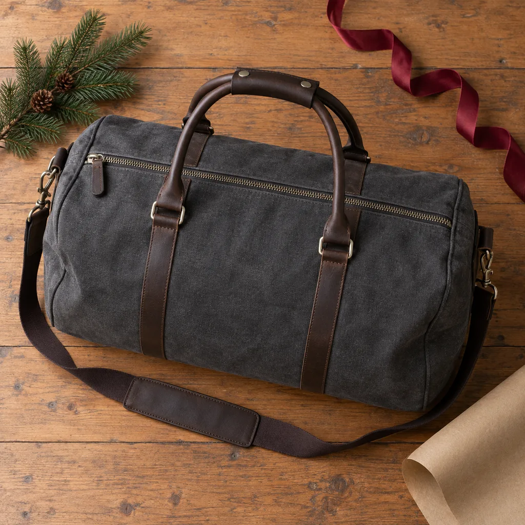 Representative photo-style image of stylish overnight business duffel — generated, not a specific product
