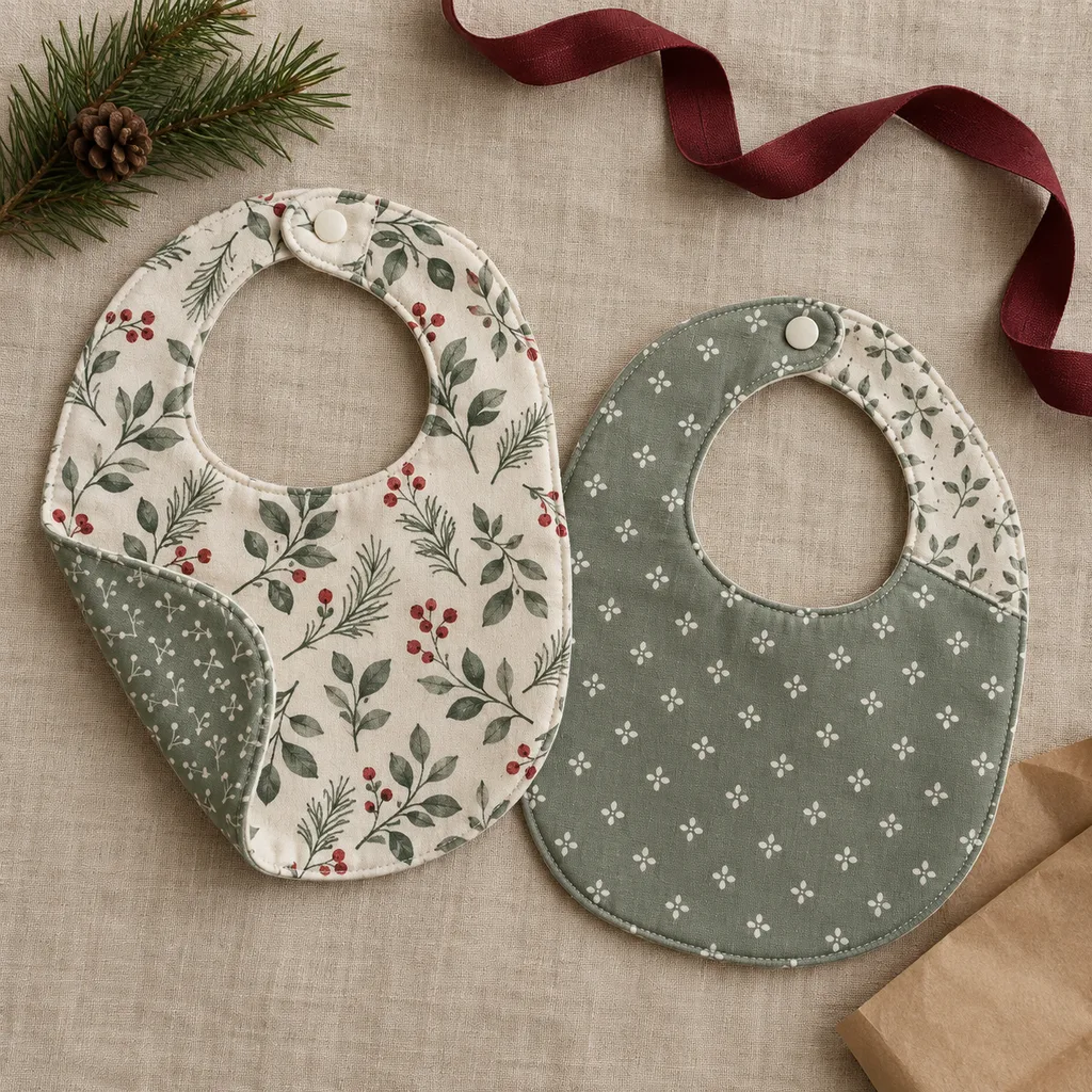 Representative photo-style image of stylish reversible patterned bibs — generated, not a specific product