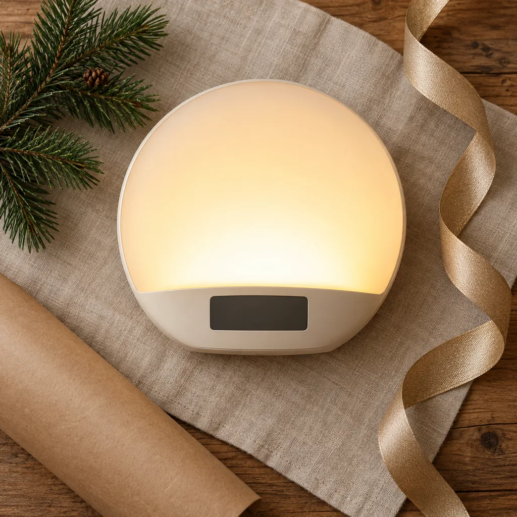 Representative photo-style image of sunrise simulation alarm clock — generated, not a specific product