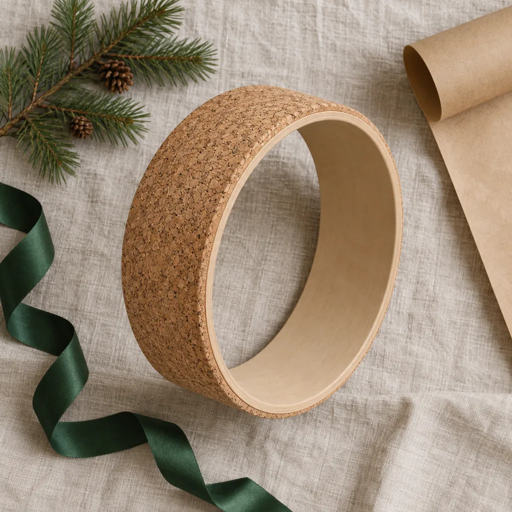Representative photo-style image of sustainable cork yoga wheel — generated, not a specific product