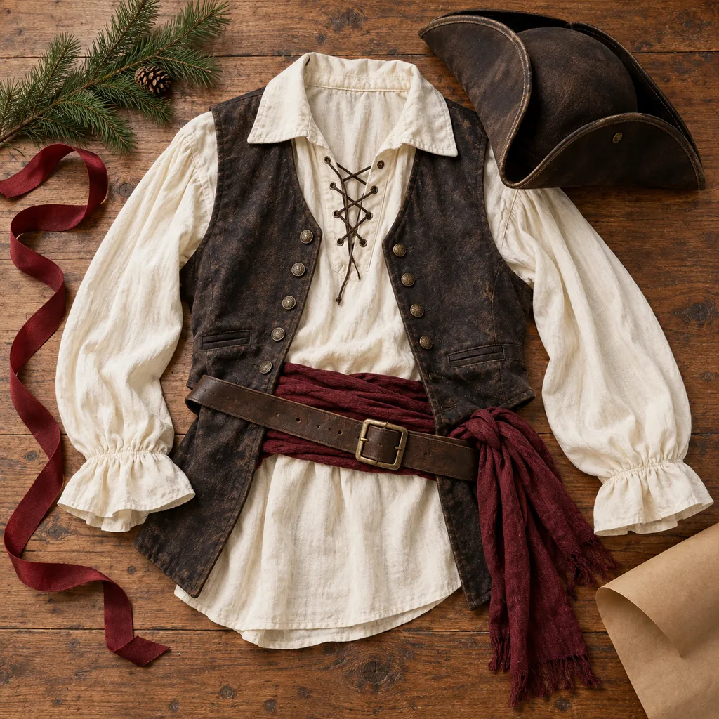 Representative photo-style image of swashbuckling pirate adventurer ensemble — generated, not a specific product