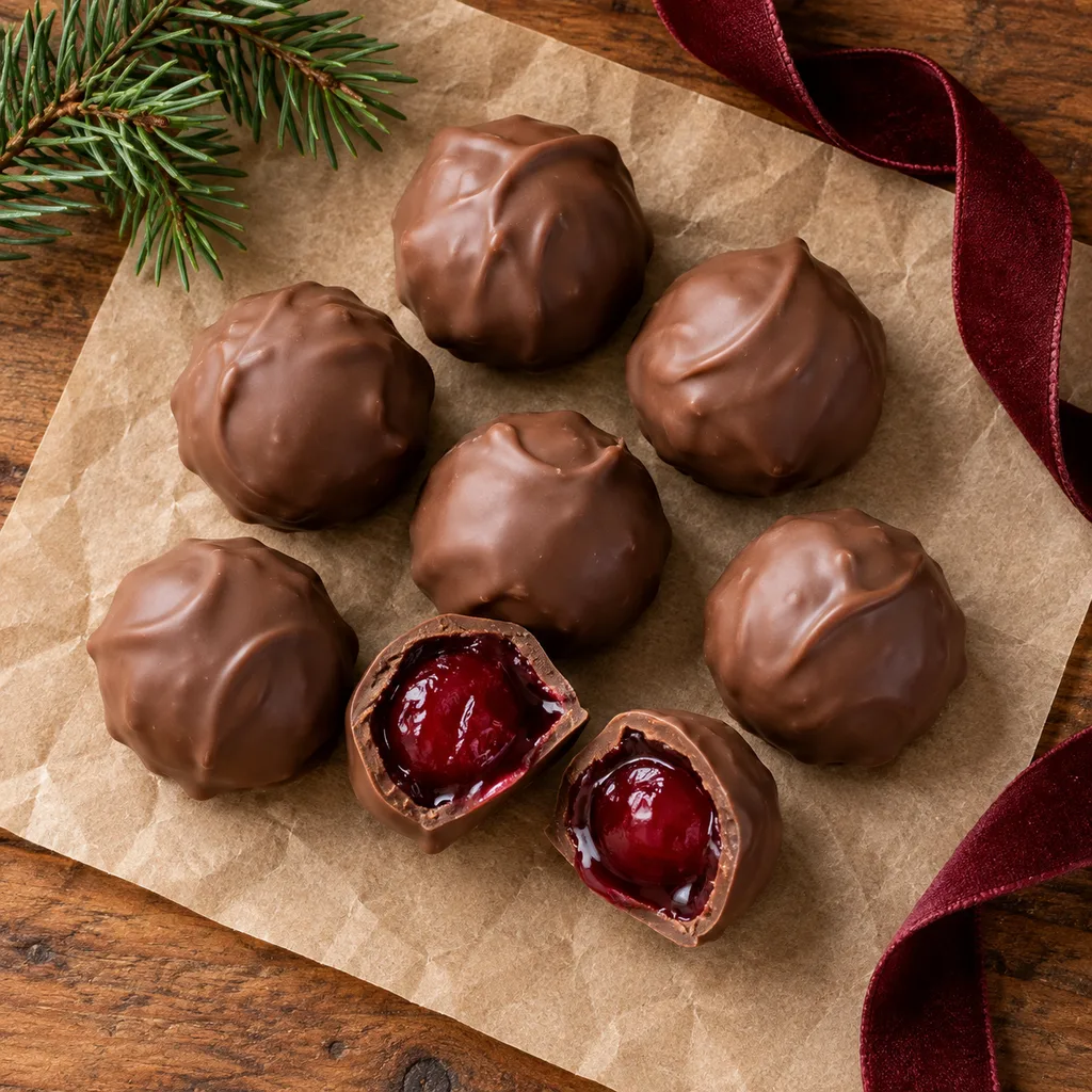 Representative photo-style image of sweet milk chocolate covered cherries — generated, not a specific product