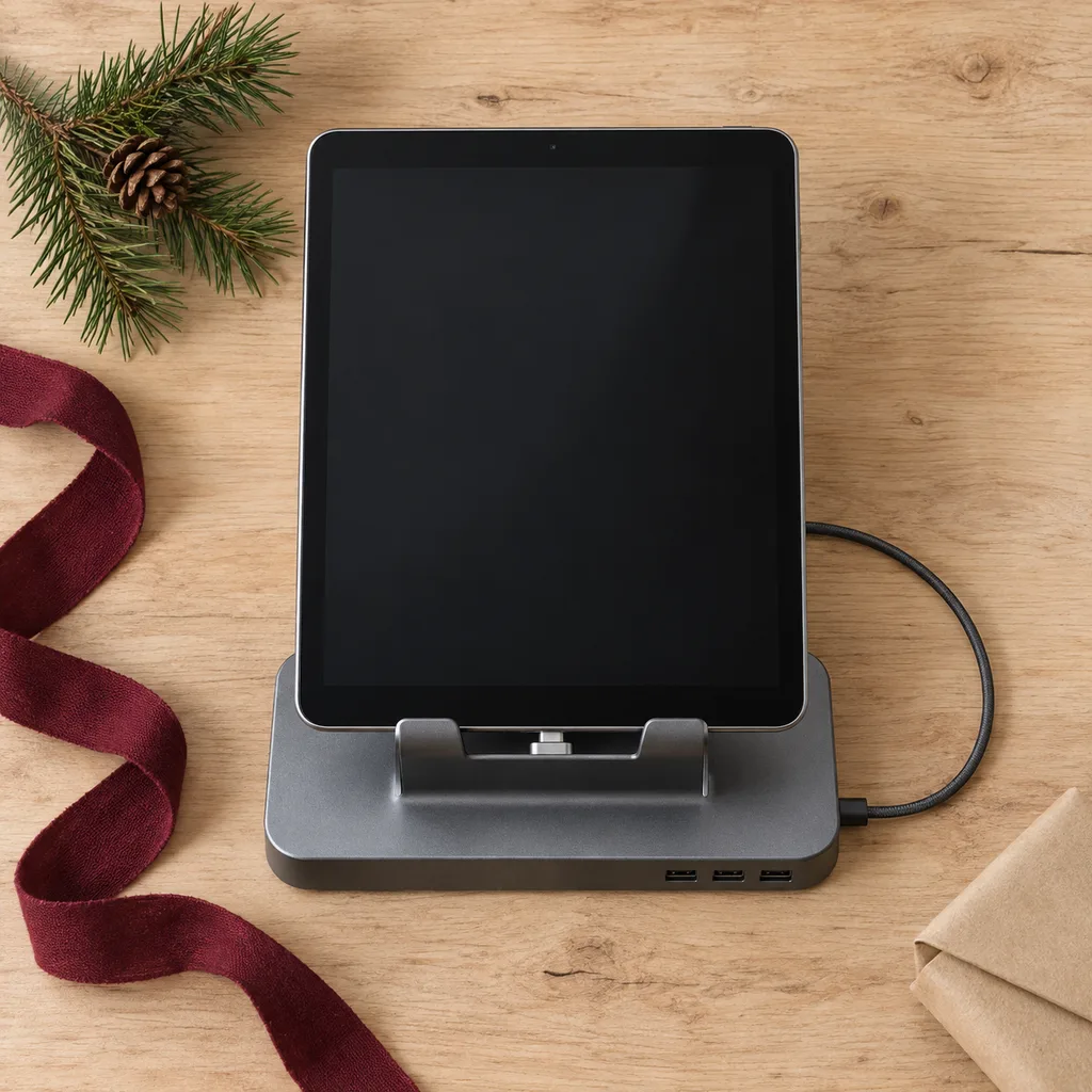 Representative photo-style image of tablet charging and sync dock — generated, not a specific product