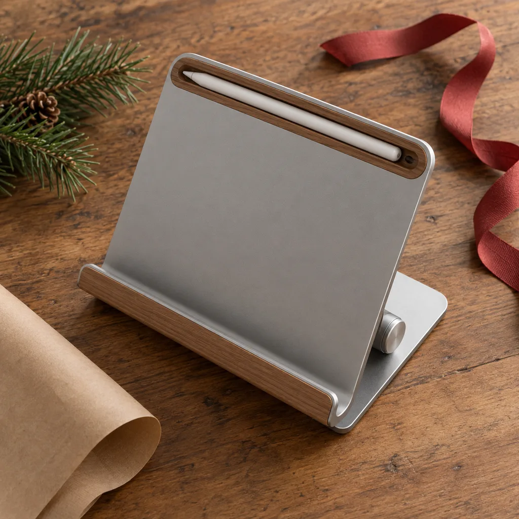 Representative photo-style image of tablet stand with stylus storage — generated, not a specific product