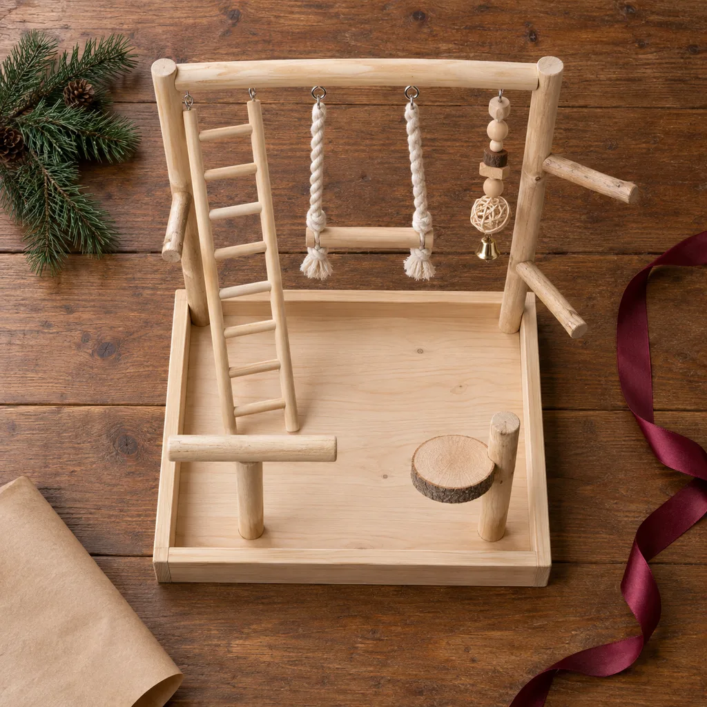 Representative photo-style image of tabletop bird play stand — generated, not a specific product