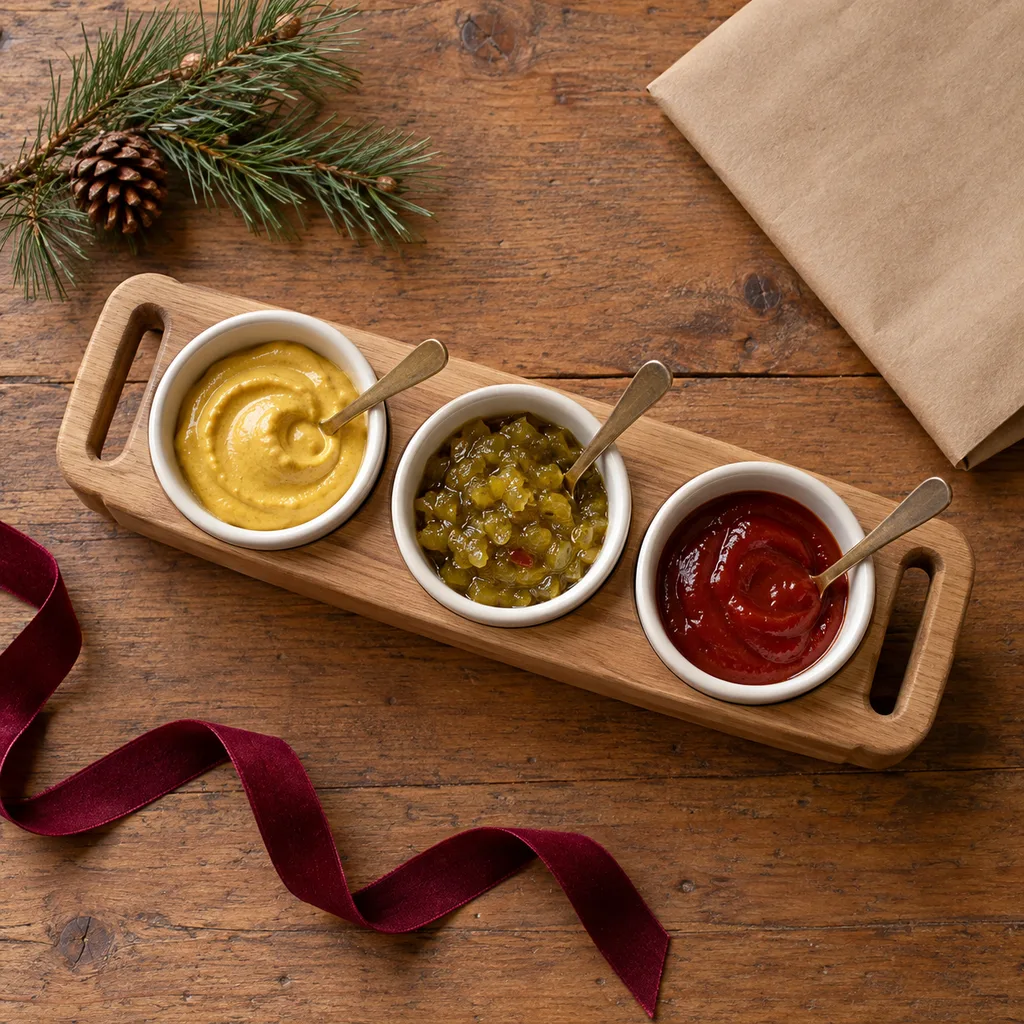 Representative photo-style image of tabletop condiment caddy set — generated, not a specific product