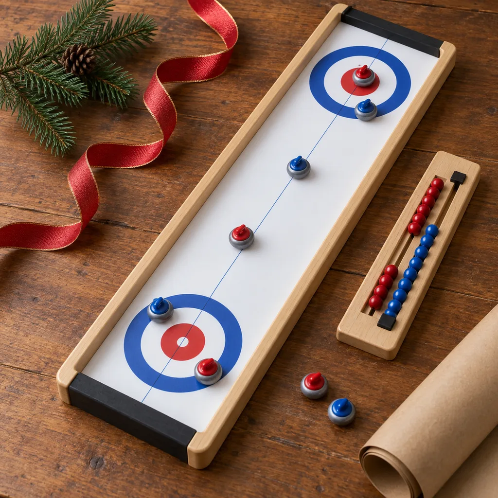 Representative photo-style image of tabletop curling with score tracker — generated, not a specific product