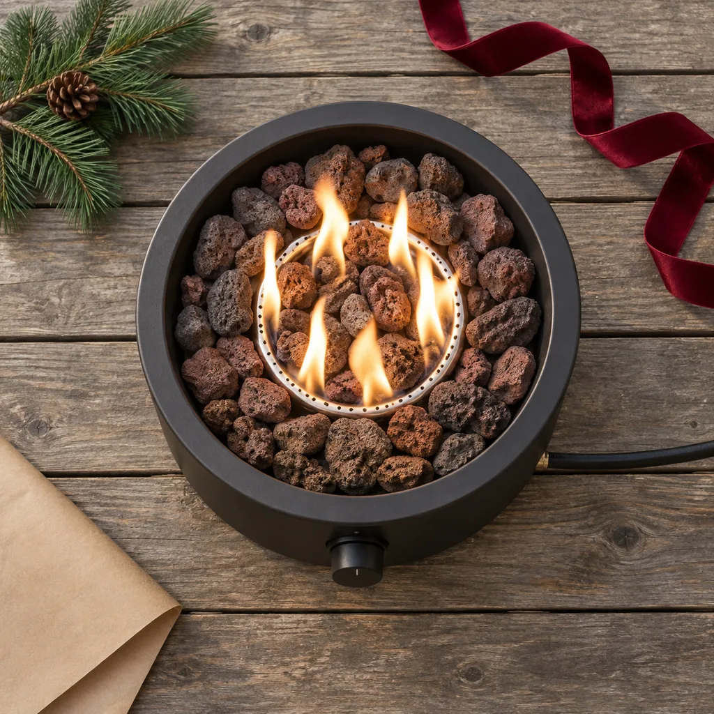 Representative photo-style image of tabletop propane fire feature — generated, not a specific product