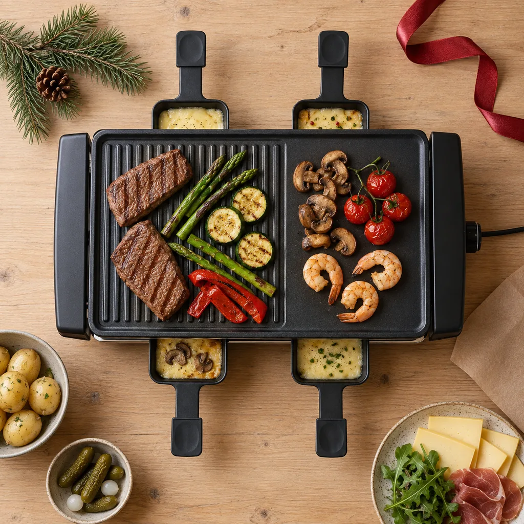 Representative photo-style image of tabletop raclette and grill — generated, not a specific product