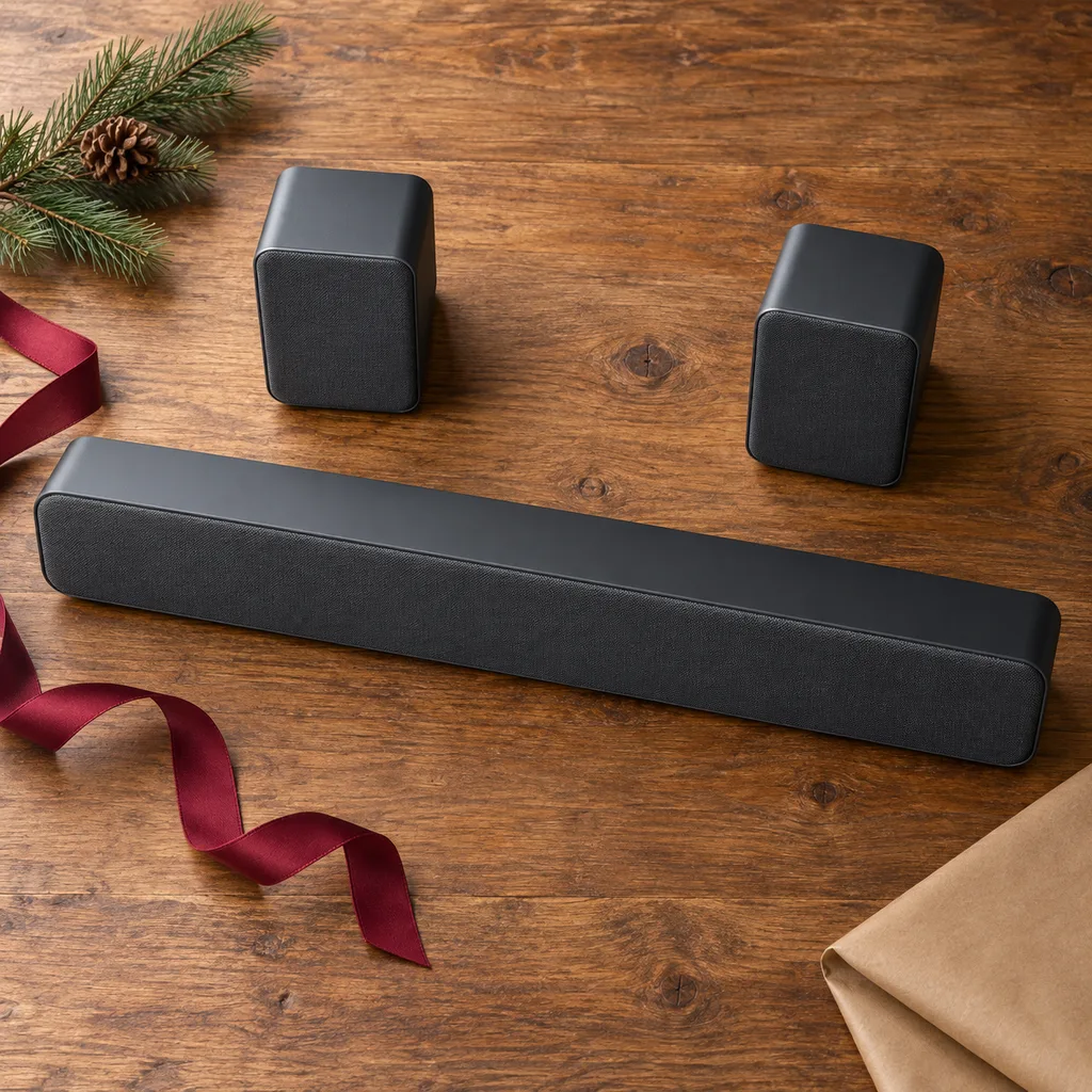 Representative photo-style image of television soundbar speaker system — generated, not a specific product