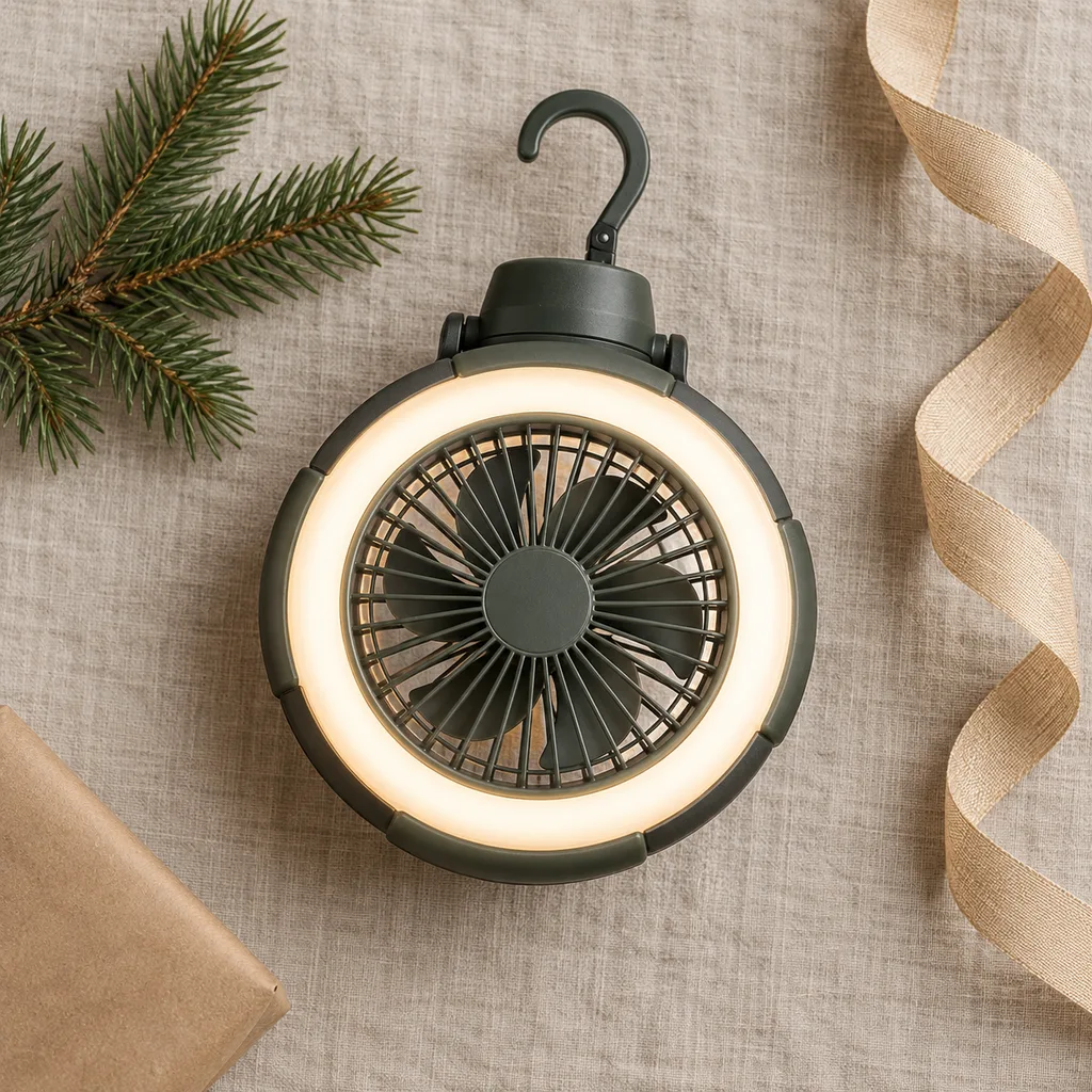 Representative photo-style image of tent light with cooling fan — generated, not a specific product