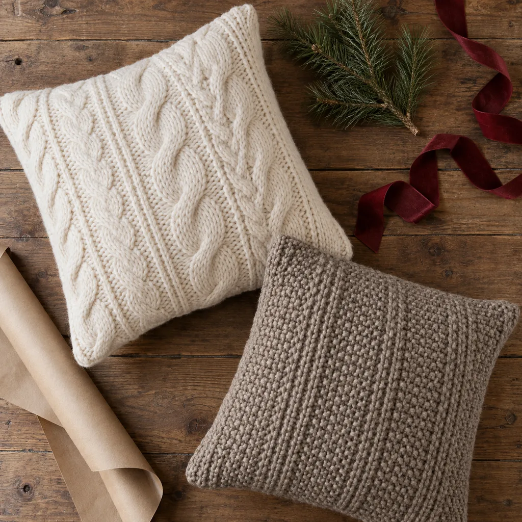 Representative photo-style image of textured knit throw pillows — generated, not a specific product