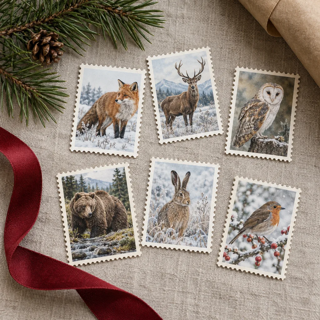 Representative photo-style image of thematic wildlife stamp collection — generated, not a specific product