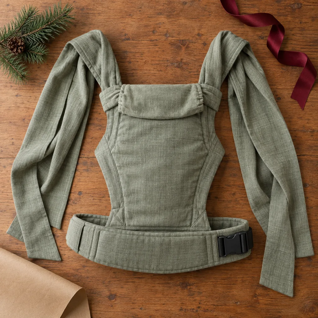 Representative photo-style image of tie-on hybrid baby carrier — generated, not a specific product