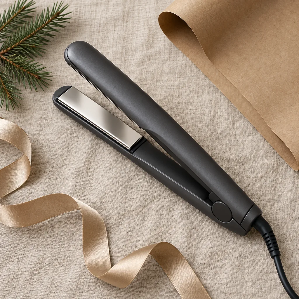 Representative photo-style image of titanium plate hair straightener — generated, not a specific product