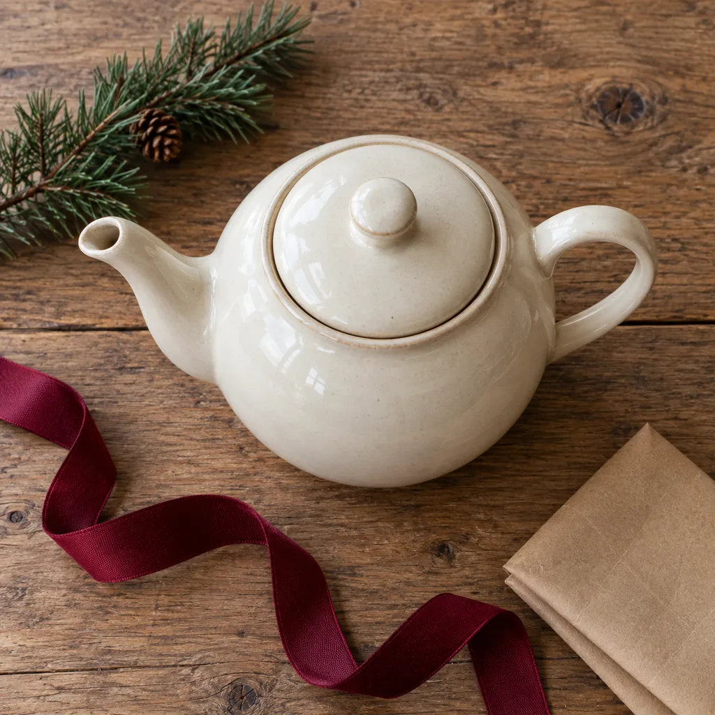 Representative photo-style image of traditional ceramic teapot with lid — generated, not a specific product