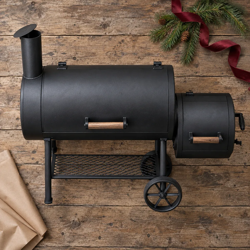 Representative photo-style image of traditional charcoal barbecue smoker — generated, not a specific product