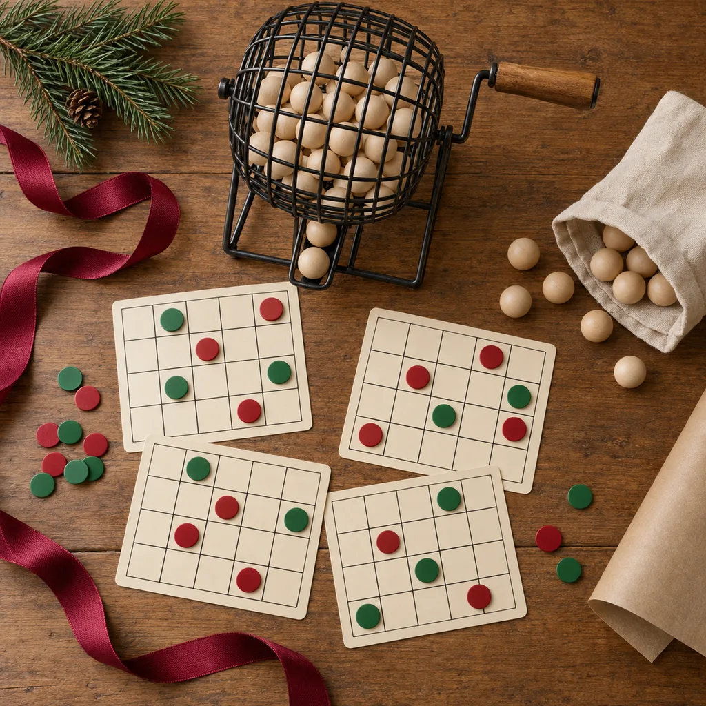 Representative photo-style image of traditional family bingo game set — generated, not a specific product