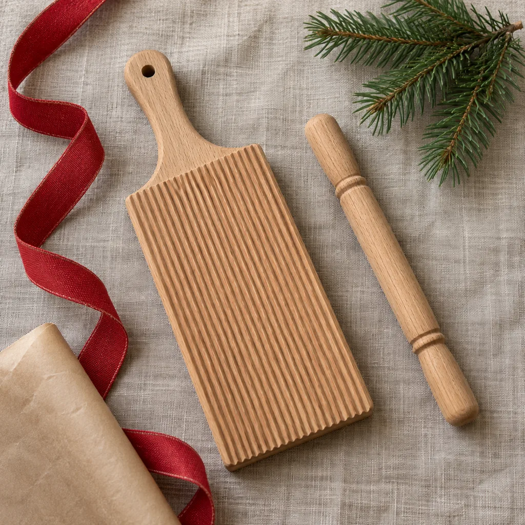Representative photo-style image of traditional gnocchi board and roller — generated, not a specific product