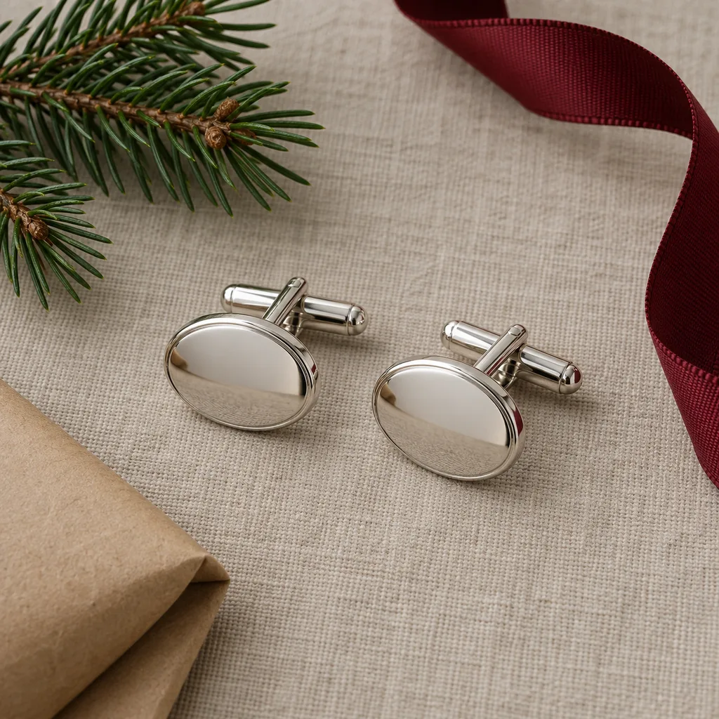 Representative photo-style image of traditional metal cufflinks — generated, not a specific product