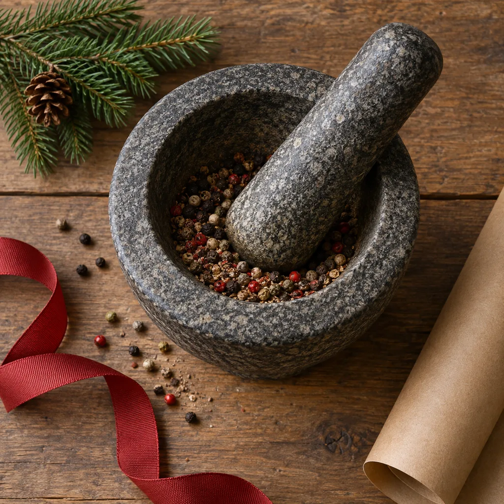 Representative photo-style image of traditional mortar and pestle set — generated, not a specific product