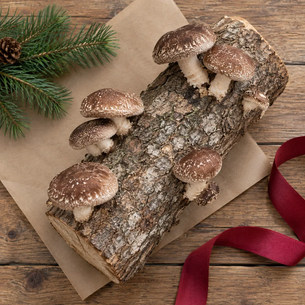 Representative photo-style image of traditional shiitake mushroom log kit — generated, not a specific product